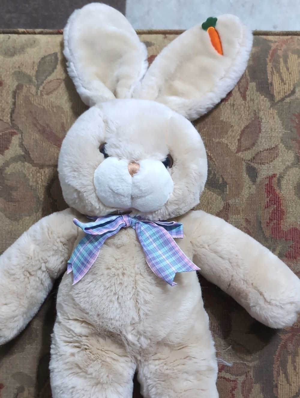 Cream Plush Bunny Stuffed Animal with Plaid Bow